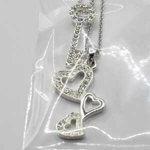 Crystal Heart Double chain and Key Pendant in Silver Tone Necklace CZ
